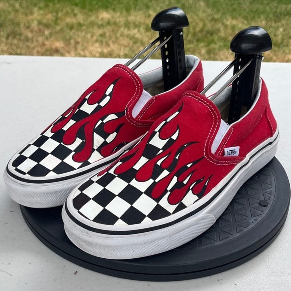 Unisex Vans Checker Flame VN0A38F7RX5 Canvas Skate Athletic Sneaker M5.5/W7 Red - Picture 2 of 6